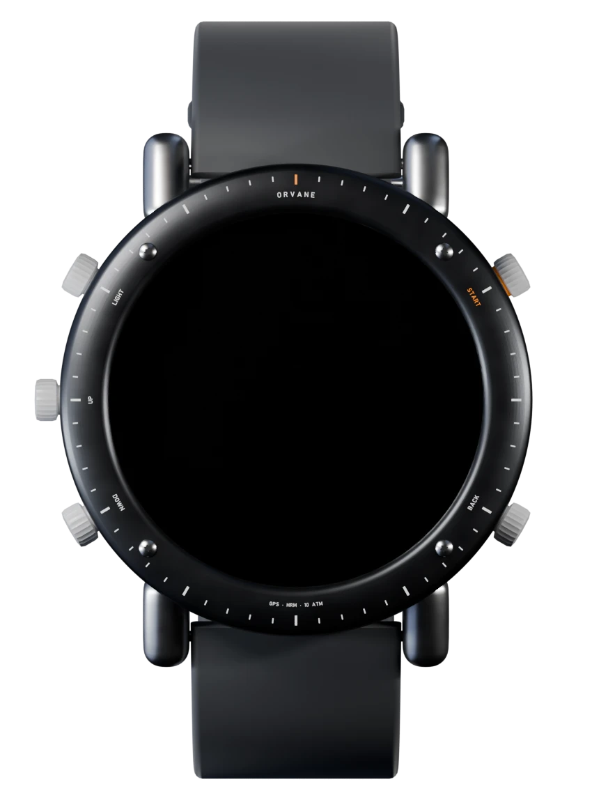 A titanium GPS running watch with a dark bezel and a graphite strap.